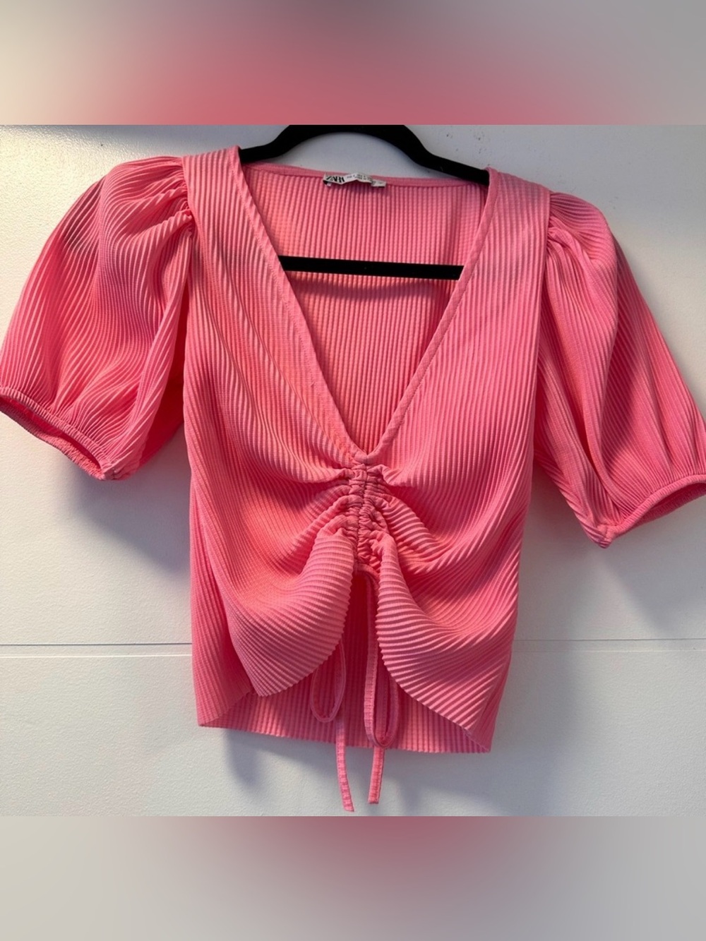 🩵 Zara Pink Ribbed Puff Sleeve Tie Front Crop Top Size S